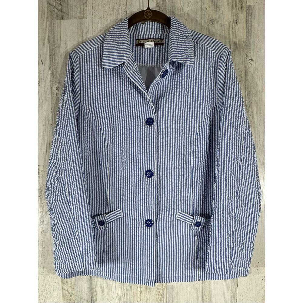 Tudor Court Button Up Shirt Jacket Medium Blue White Stripe Crinkle‎ Textured